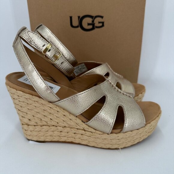 UGG Women's Careena Wedge Espadrille Sandals size 8.5 Gold Pigment Ankle Strap - Picture 3 of 13